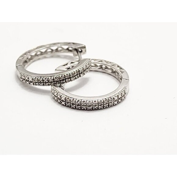Unique 10K Solid White Gold Designer Small Round Diamond Hinged Hoop Earrings